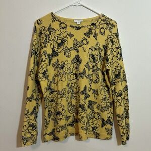 J Jill Small Yellow Sweater Floral Butterfly Long Sleeve Soft Black Pattern